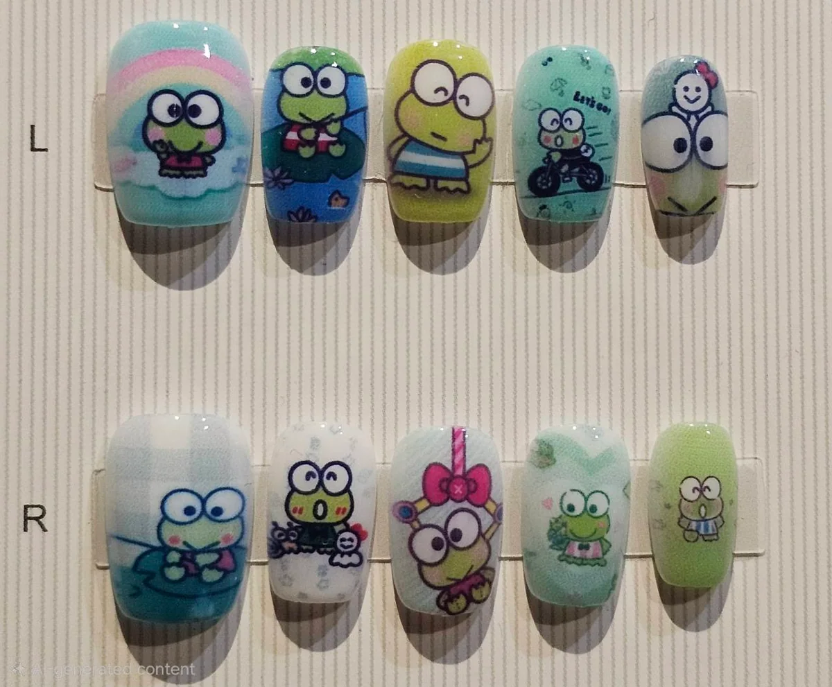 Mint Frog Friends nail design